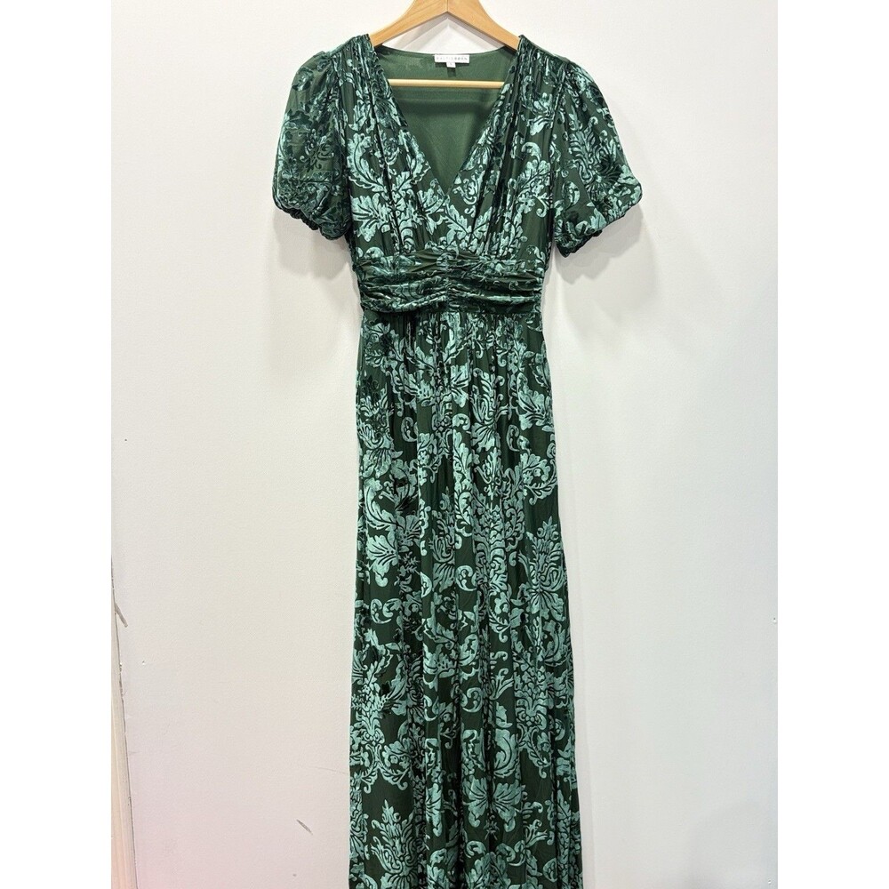 Baltic Born Green Velvet Burnout Maxi Dress S Damask Puff Sleeve Formal Emerald
